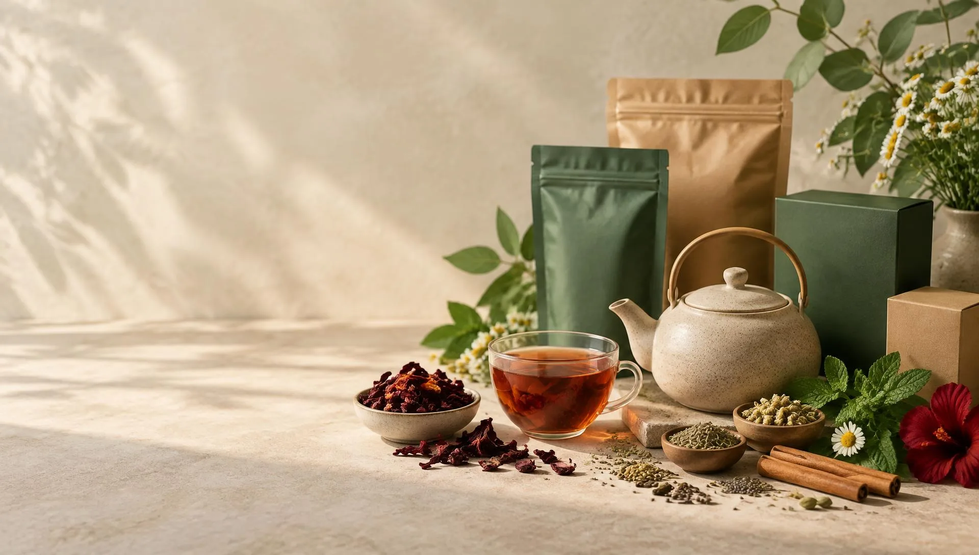 Teapot, herbal drink, seeds, spices and premium pouches arranged on cream stone