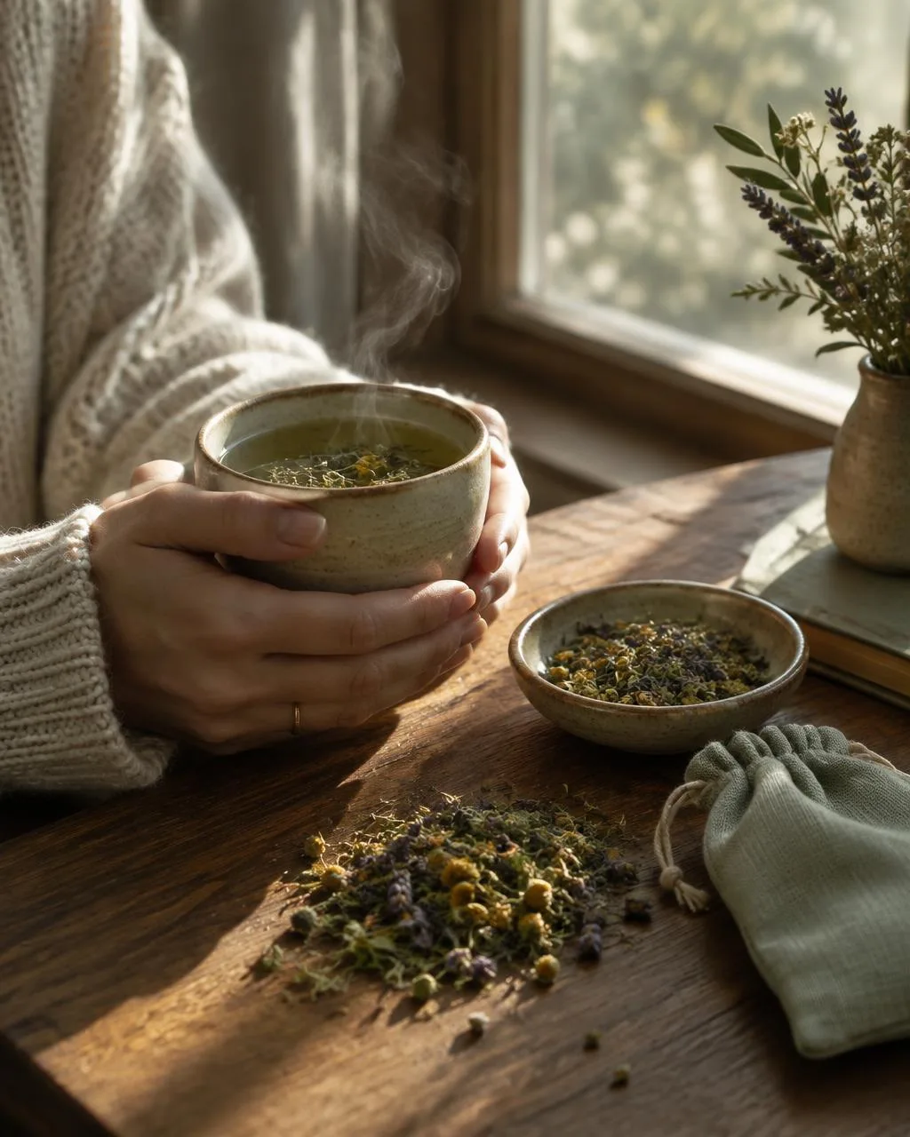 Hands holding a warm cup of herbal drink