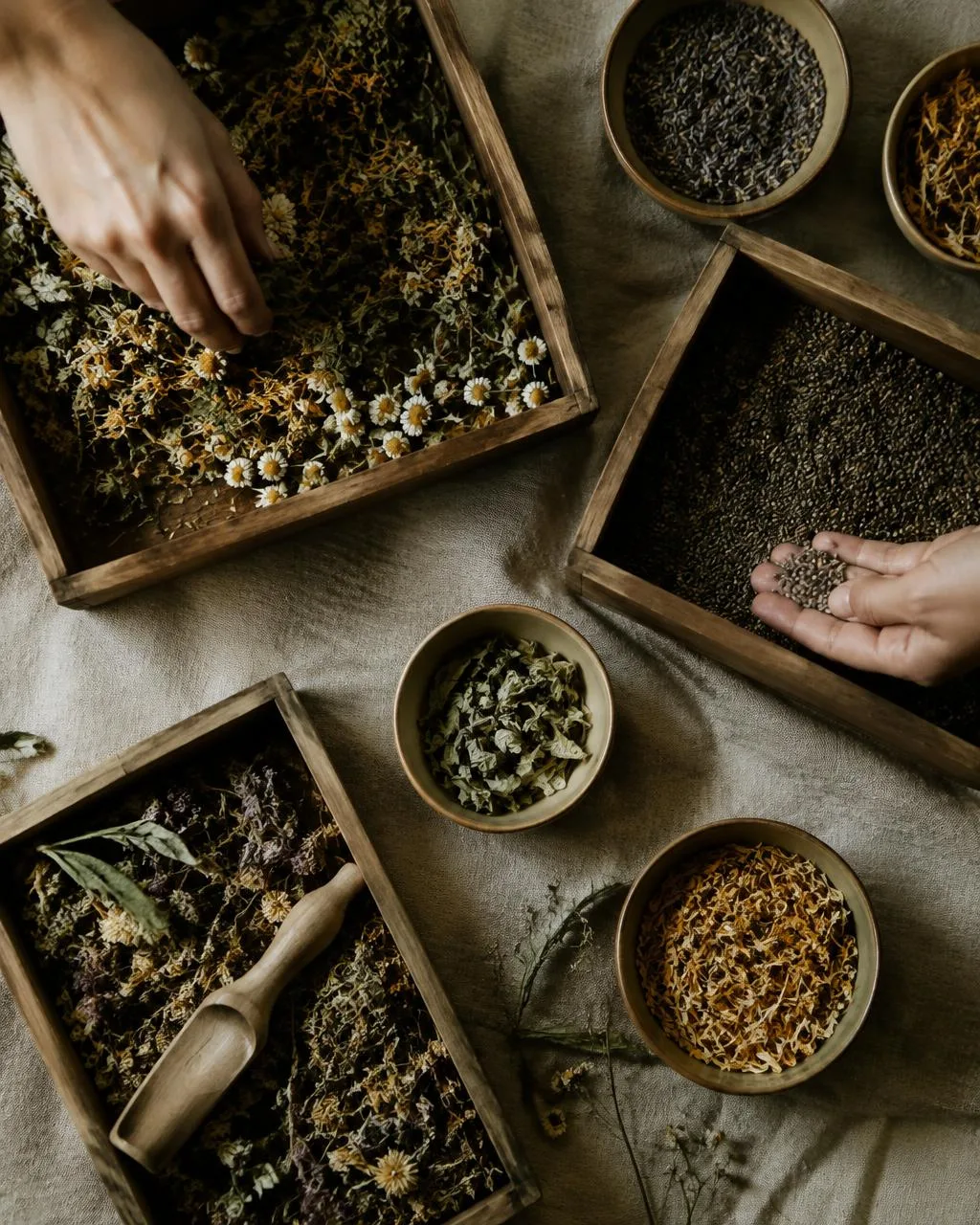 Hands sorting dried herbs and seeds