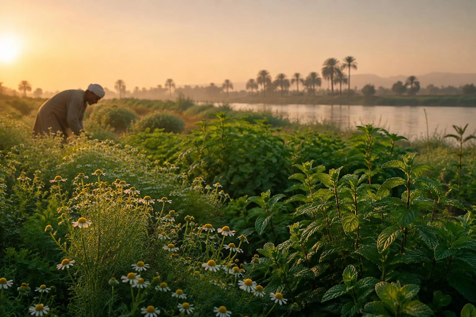 Herb field along the Nile at golden hour