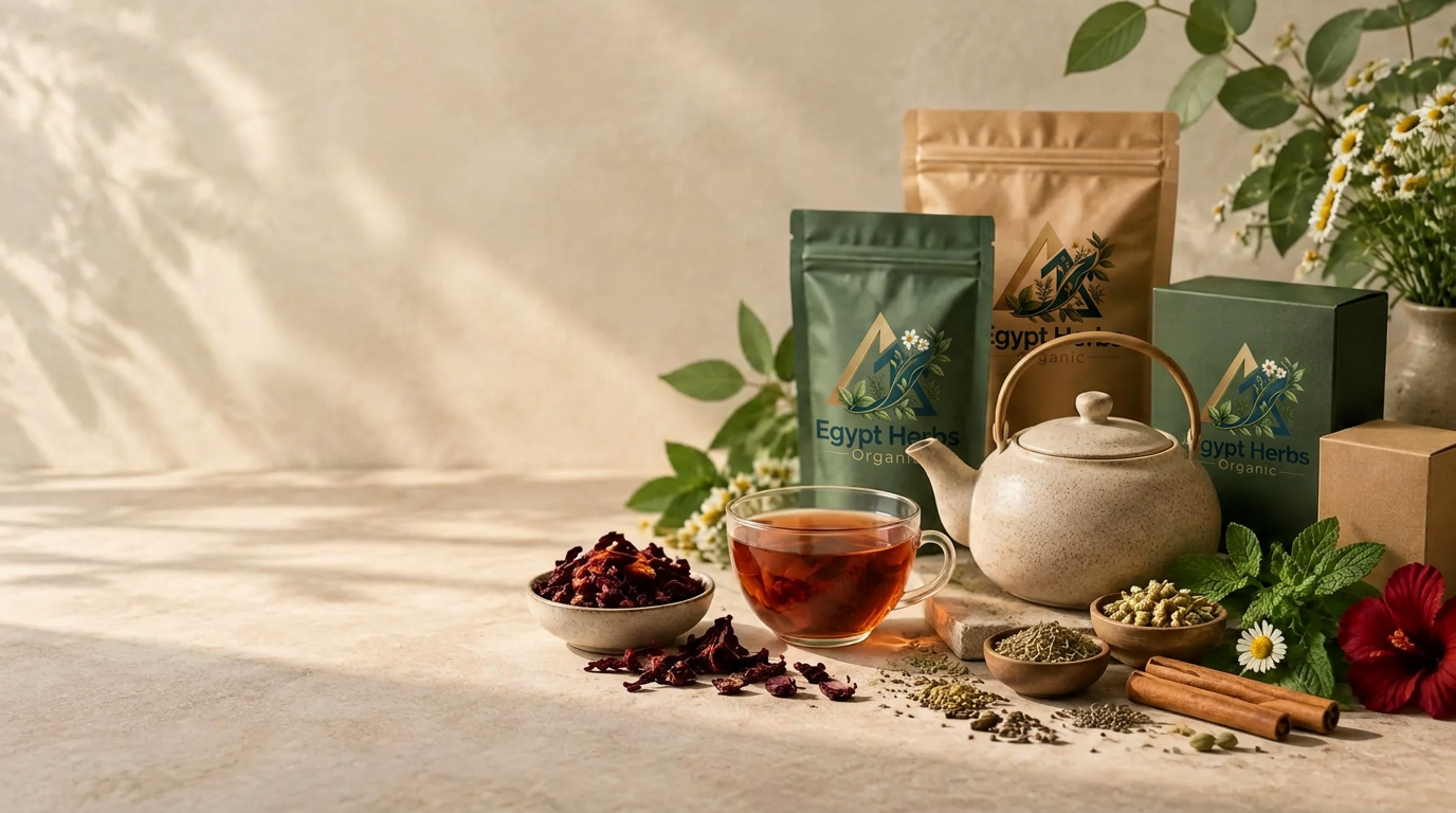 Teapot, herbal drink, seeds, spices and premium pouches arranged on cream stone